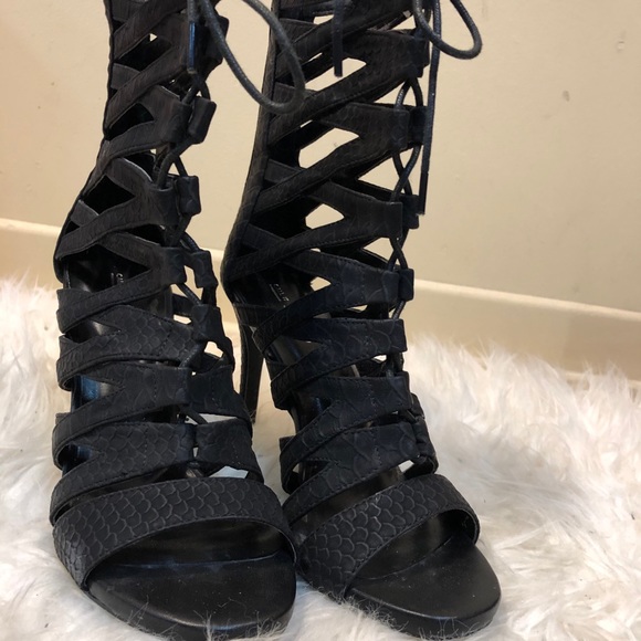 Black Silettos Lace Up Heels - Picture 2 of 5